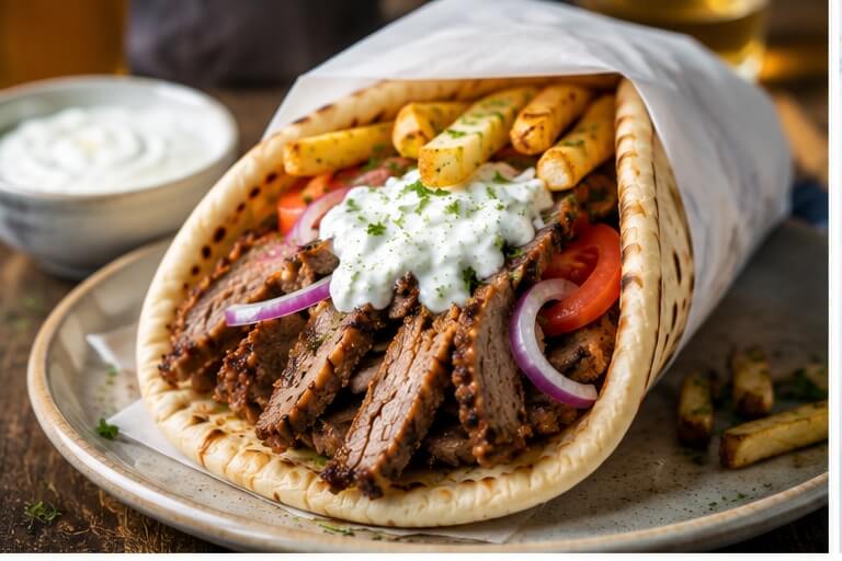 Greek gyros with tzatziki sauce, seasoned meat, tomatoes, red onion, fries, and warm pita bread