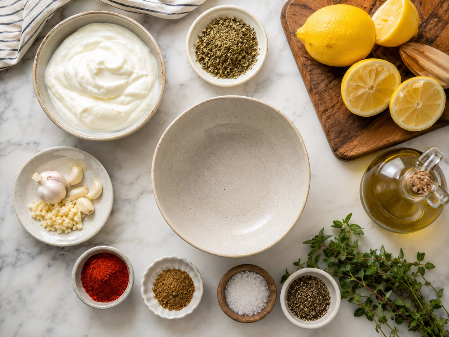 Greek marinade ingredients with Greek yogurt, lemon, garlic, oregano, olive oil, paprika, cumin, salt, and pepper