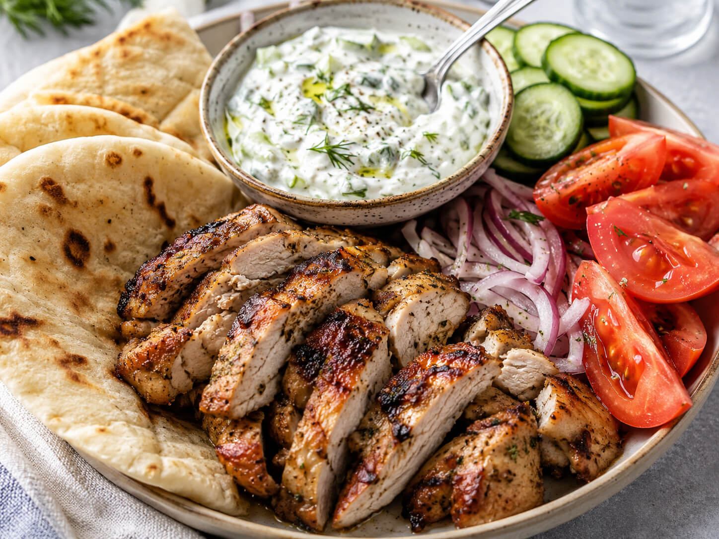 Grilled marinated chicken for gyros sliced with pita bread, tzatziki sauce, tomatoes, cucumber, and red onion