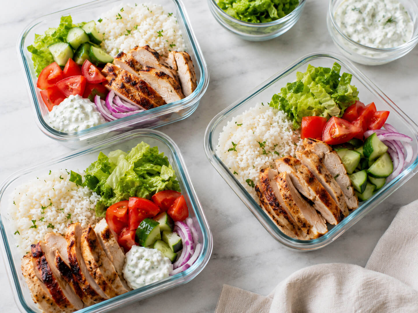 Healthy gyro meal prep with Greek chicken, lettuce, cucumber, tomatoes, red onion, feta, cauliflower rice, and tzatziki sauce