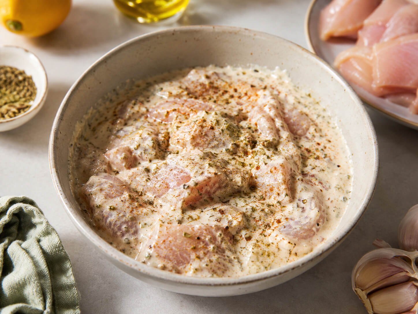 Chicken marinated in Greek yogurt, lemon, garlic, oregano, and olive oil for homemade gyros