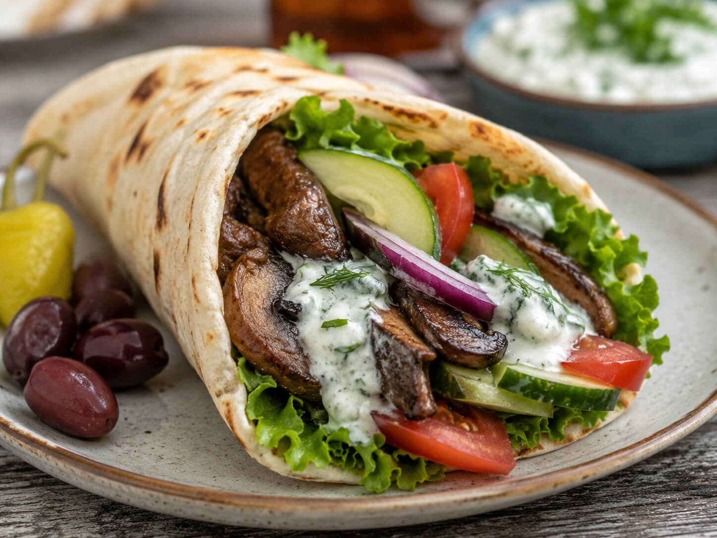 Portobello mushroom gyros with warm pita, tomatoes, cucumber, lettuce, red onion, and tzatziki sauce