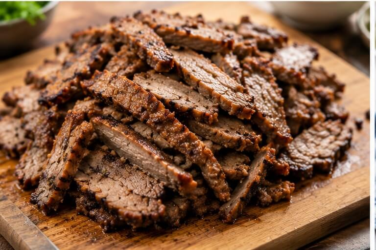 Traditional Greek gyro meat cooked until golden and sliced for homemade Greek gyros