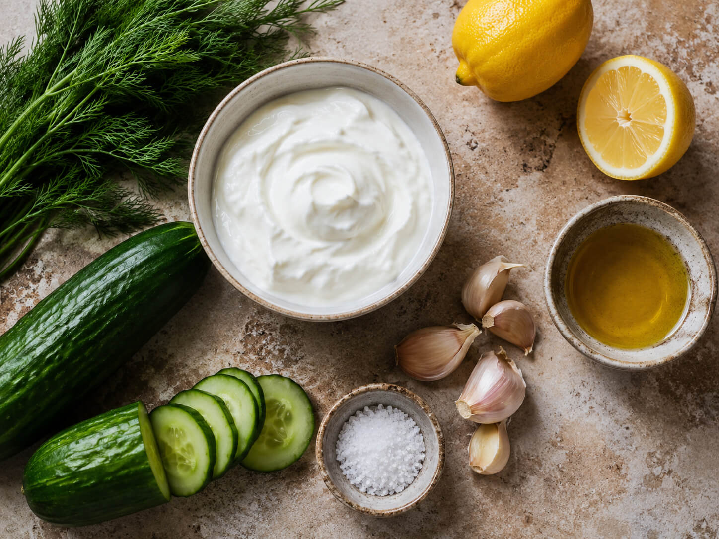 Tzatziki sauce ingredients with Greek yogurt, cucumber, garlic, lemon, dill, olive oil, and salt