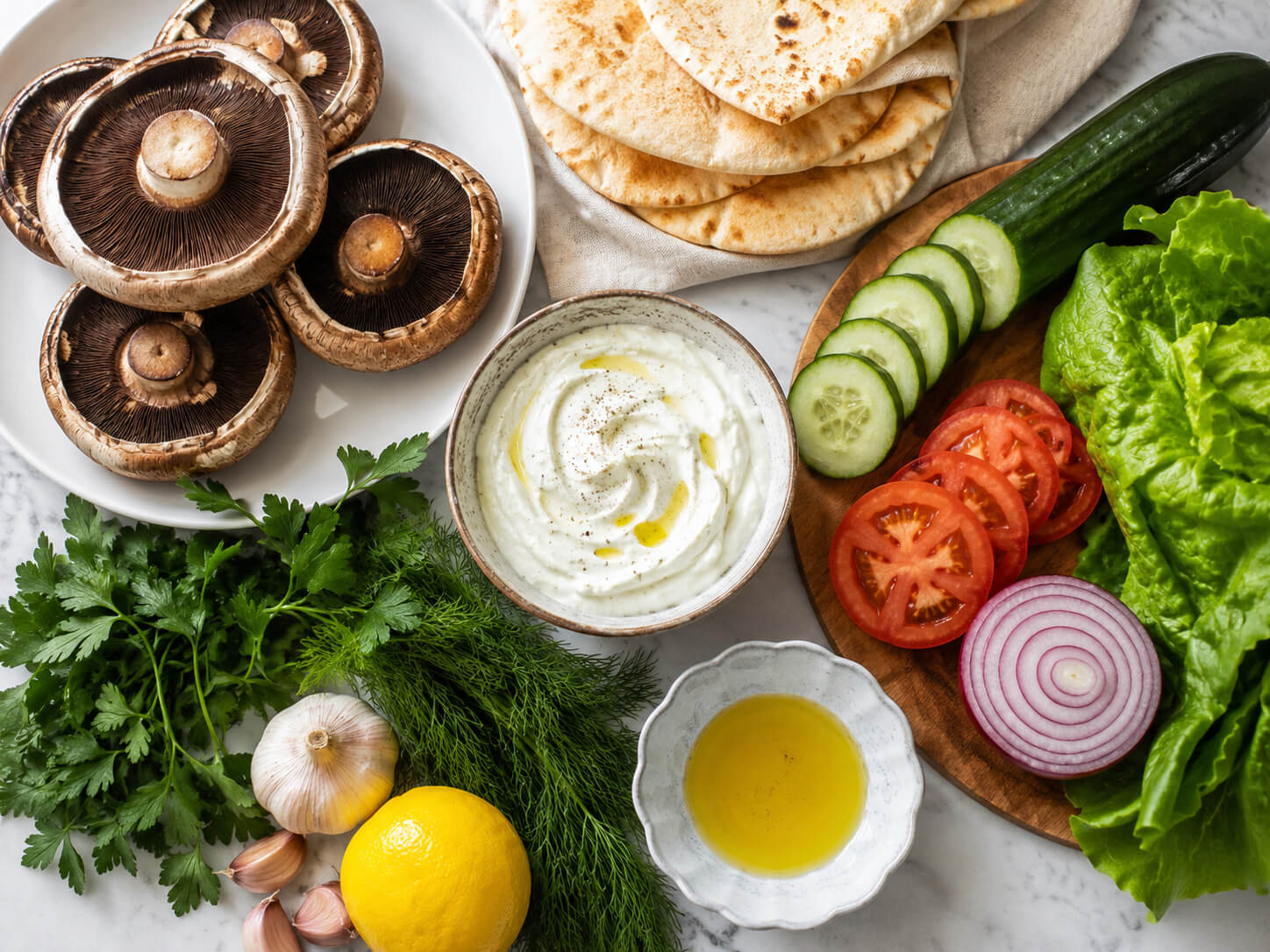 Vegetarian gyro ingredients with portobello mushrooms, pita bread, cucumber, tomato, red onion, lettuce, Greek yogurt, lemon, garlic, and herbs