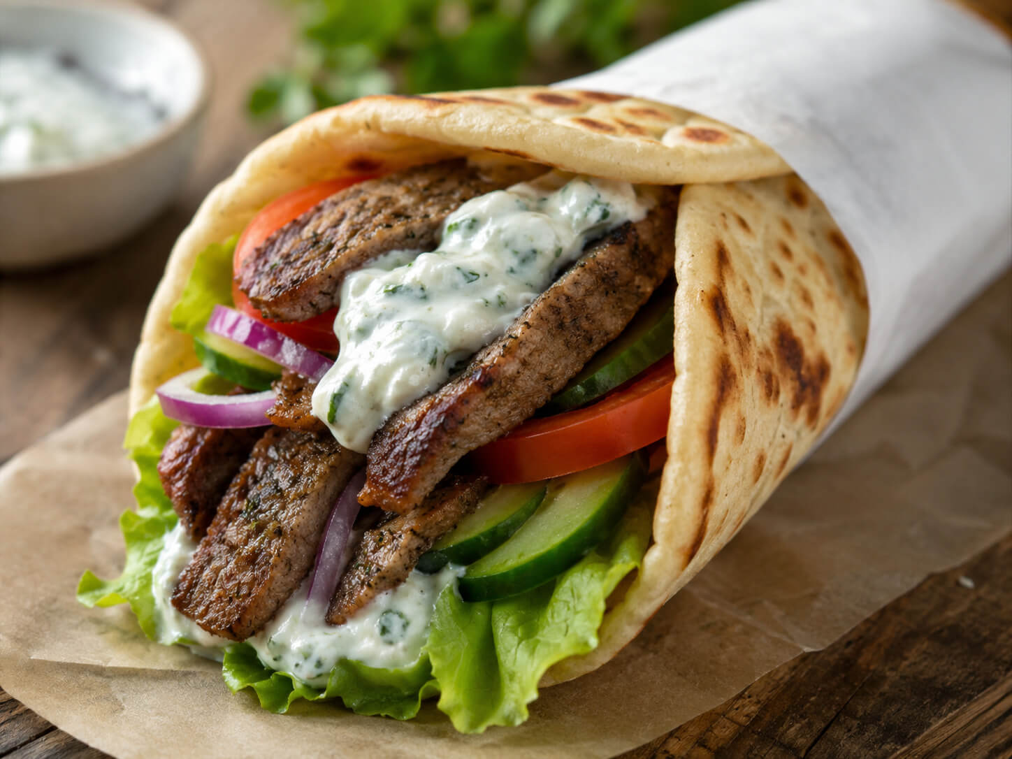Easy gyro recipe with sliced meat, warm pita, fresh vegetables, and creamy sauce